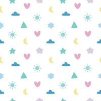 Sun, cloud, moon, heart and abstract doodle hand drawn seamless pattern background with pastel colour vector