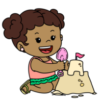 Cute Cartoon Kid Building Sandcastle Summer Activity Little Girl