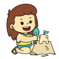 Cute Cartoon Kid Building Sandcastle Summer Activity Little Girl