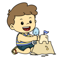 Cute Cartoon Kid Building Sandcastle Summer Activity Little Boy png