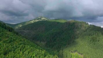 Flug Über ein schön mystisch Berg Landschaft. Nadelbaum Wald, Berge, Sturm Wolken, klein hölzern Häuser video