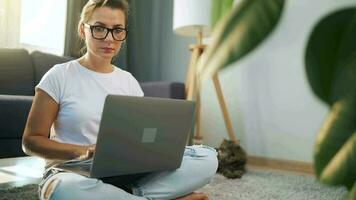 Woman with glasses is sitting on the carpet and working on a laptop. A fluffy cat lies on the couch behind her. Concept of remote work video