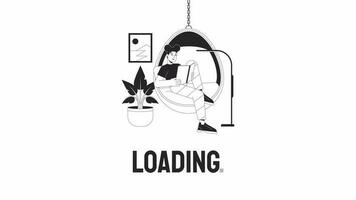 Book reader bw loader animation. Cozy reading hobby in hammock seat. Flash message 4K video footage. Isolated outline monochrome loading animation with alpha channel transparency for UI, UX web design