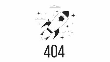 astronave mosca bw 404 error animación. lanzadera en orbita. cohete. vacío estado 4k vídeo concepto imágenes, alfa canal transparencia. contorno monocromo página no encontró destello mensaje para ui, ux web diseño video