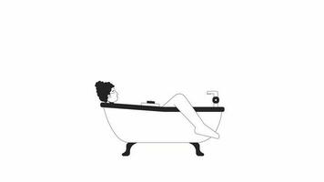 baignoire femme relaxant bw animation. Animé isolé 2d noir blanc bulle une baignoire fille. spa temps. dessin animé monochrome mince ligne personnage 4k vidéo images, alpha canal transparence pour la toile conception video