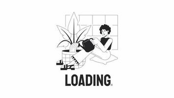 Watering plant bw loader animation. Gardening houseplant hobby. Flash message 4K video footage. Isolated outline monochrome loading animation with alpha channel transparency for UI, UX web design