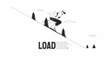 Skiing downhill bw loader animation. Ski man on slope. Ski resort. Flash message 4K video footage. Isolated outline monochrome loading animation with alpha channel transparency for UI, UX web design