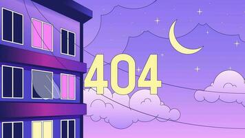 Wohnung Nacht 404 Error Animation. blinkend Licht im Fenster Gebäude. leeren Zustand 4k Video Konzept, Alpha Kanal Transparenz. animiert lofi Hintergrund. Farbe Seite nicht gefunden zum ui, ux Netz Design