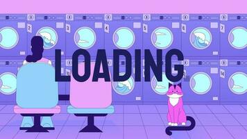 Waiting laundry loader animation. Housework laundromat. Woman in launderette with cat. Flash message 4K video. Chill lofi colour loading animation with alpha channel transparency for UI, UX web design video