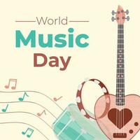 World music day celebration square background. Colorful template with musical notes and different musical instruments. Banner, template for invitations, posters, promotions. vector