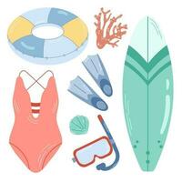 Set elements for active sea vacation. Swimming on a circle, on a surfboard, diving. Colored vector elements isolated on white background.