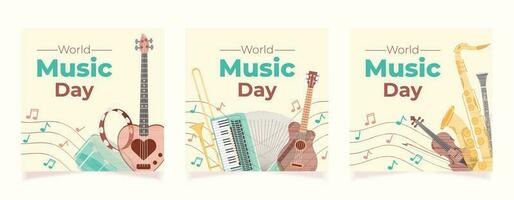 Set of square banners for the celebration of world music day. Colored backgrounds with various musical instruments and notes. Vector flat illustration.