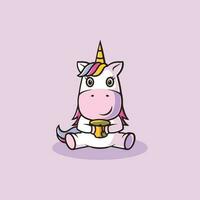 Cute unicorn drinking green tea cartoon illustration vector