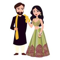 Vector vector cute indian couple cartoon in traditional dress posing for wedding invitation card design