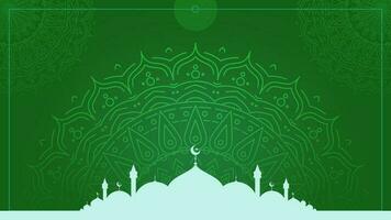 Simple green Islamic background design with mosque silhouette and mandala ornaments vector