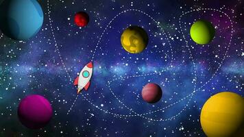 Space 2d Cartoon Animation Background And Planets Rotate With Rocket Flying In Space, Animation Of Space Background With And Rocket Flying In Space, Rocket In Space, Cartoon Galaxy Animation Backgroun video