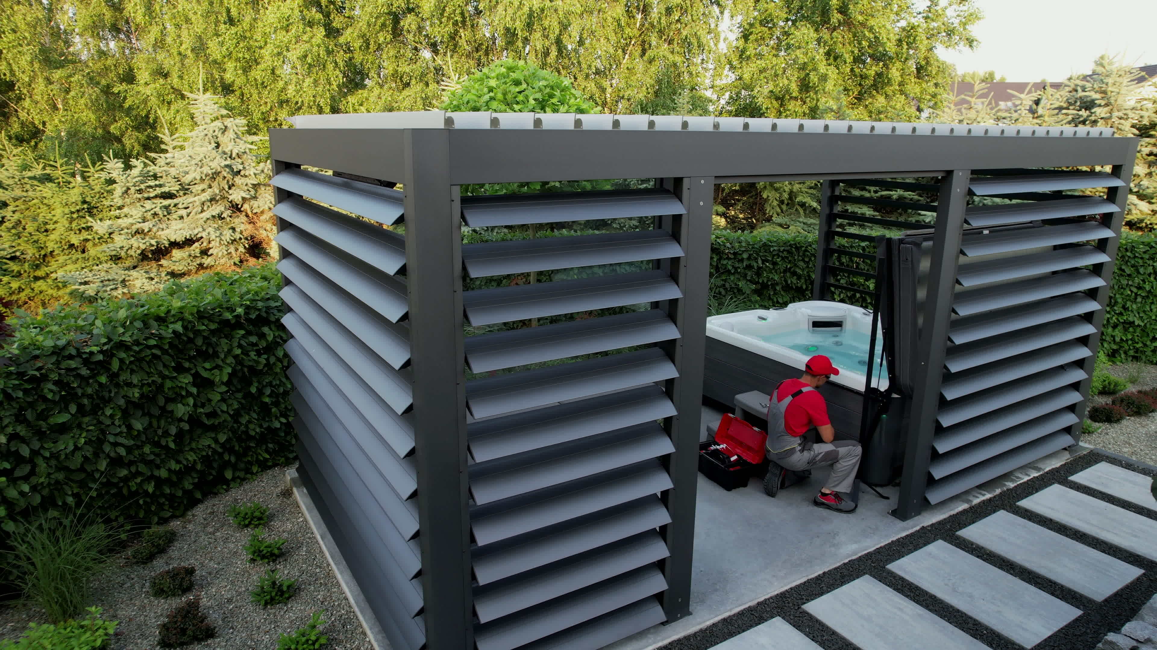 Hot Tub Professional Installer Finishing Installation 24818909 Stock