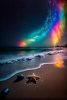 starfish sitting on top of a beach next to the ocean. . photo