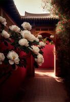 red building with white flowers in front of it. . photo