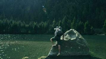 caucasico escursionista riposo su il grande masso su il mezzo di panoramico montagna lago video