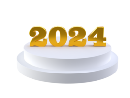 Happy New Year 2024 with shiny 3D golden numbers on white podium isolated transparent png. Holiday gold celebration design. Premium element for posters, banners, calendar and greeting card png