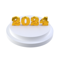 Lycklig ny år 2024 med skinande 3d gyllene tal på vit podium isolerat transparent png. Semester guld firande design. premie element för affischer, banderoller, kalender och hälsning kort png