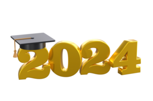 classe di 2024 3d icona. congratulazione laureati design modello con berretto e numeri. oro la laurea tipografia illustrazione per cerimonia, festa, saluto carta, invito isolato trasparente png