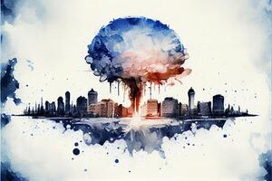 painting of a nuclear explosion over a city. . photo