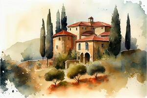 watercolor painting of a house on a hill. . photo