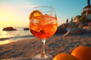 ai generado vaso de Fresco aperol rociar en de madera mesa a bar y playa foto