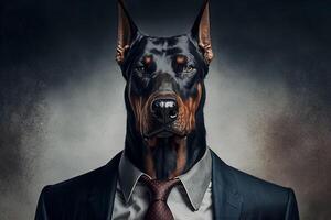 studio portrait of bold angry doberman dog in suit shirt and tie wearing sunglasses photo