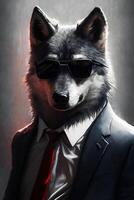 Studio portrait of angry bold wolf in suit, shirt, tie photo