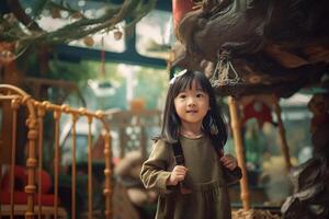 Cute little kid playing in montessori kids development center photo