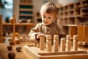 ai generado linda pequeño niño jugando en montessori niños desarrollo centrar foto