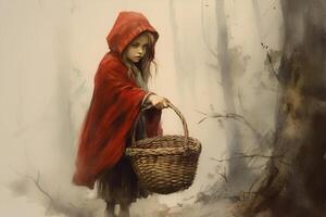 picture of little red riding hood, fairytale personage walking in the forest with basket in her hand photo