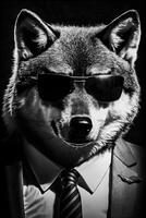 Studio portrait of angry bold wolf in suit, shirt, tie photo