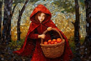 picture of little red riding hood, fairytale personage walking in the forest with basket in her hand photo