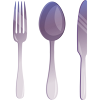 Set of cutlery - fork spoon knife. Tableware, kitchenware, top view. Cartoon illustration. png