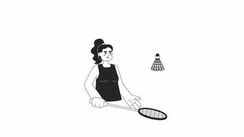 animiert bw Sport Frau mit Schläger. weiblich Spieler auf Badminton Ausbildung isoliert 2d Animation. Karikatur einfarbig dünn Linie Charakter 4k Video Filmaufnahme, Alpha Kanal Transparenz zum Netz Design