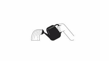 Hand holds watering can bw animation. Animated isolated 2D plant waterer. Cartoon monochrome flat line first view hand 4K video footage, white background, alpha channel transparency for web design