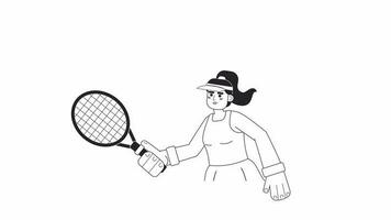 animato bw tennis giocatore racchetta. ispanico gli sport donna in posa con racchetta isolato 2d animazione. cartone animato monocromatico magro linea personaggio 4k video filmato, alfa canale trasparenza per ragnatela design