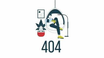 mysigt livsstil 404 fel animation. flicka med råna dricka te. tömma stat 4k video begrepp antal fot med alfa kanal genomskinlighet. översikt Färg sida inte hittades blixt meddelande för ui, ux webb design