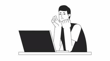 Animated bw frustrated man laptop. Asian young student worry isolated 2D animation. Cartoon monochrome flat line character 4K video footage, white background, alpha channel transparency for web design