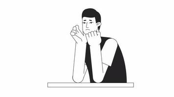 Animated bw young sad man at desk. Student struggling isolated 2D animation. Cartoon monochrome flat line character 4K video footage, white background, alpha channel transparency for web design