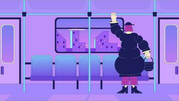Standing passenger lo fi animation. Female metro commuter holding pole in subway train. Animated 2D cartoon character. Chill lofi music 4K video vaporwave background, alpha channel transparency
