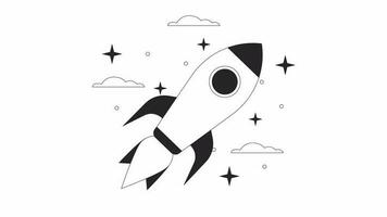 Spaceship in space bw animation. Animated shuttle In orbit 2D cartoon flat monochrome line object. Rocket flying in space 4K video concept footage on white, alpha channel transparency for web design
