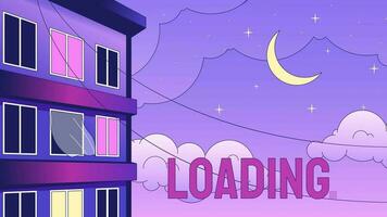 Apartment night loader animation. Blinking in windows building. Moonlight residential. Flash message 4K video. Chill lofi colour loading animation with alpha channel transparency for UI, UX web design video