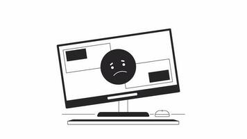 Computer problem bw animation. Animated sad emoji on cracked display 2D cartoon flat monochrome line object. Equipment 4K video concept footage on white with alpha channel transparency for web design