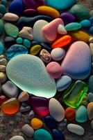 bunch of sea glass sitting on top of a pile of rocks. . photo