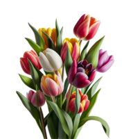 ramo de flores de vistoso tulipanes en transparente antecedentes generativo ai png